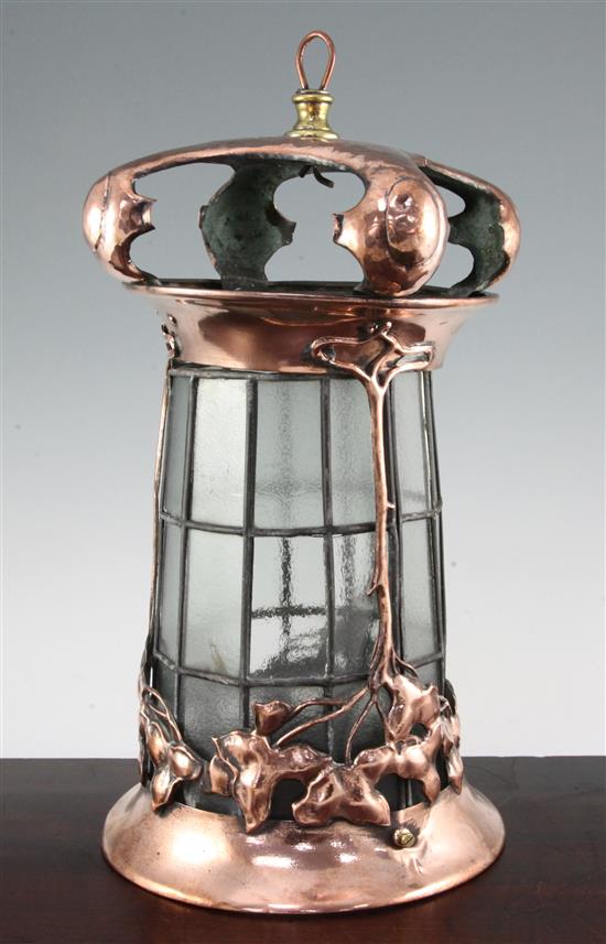 An Art Nouveau copper ceiling lantern, 17in.